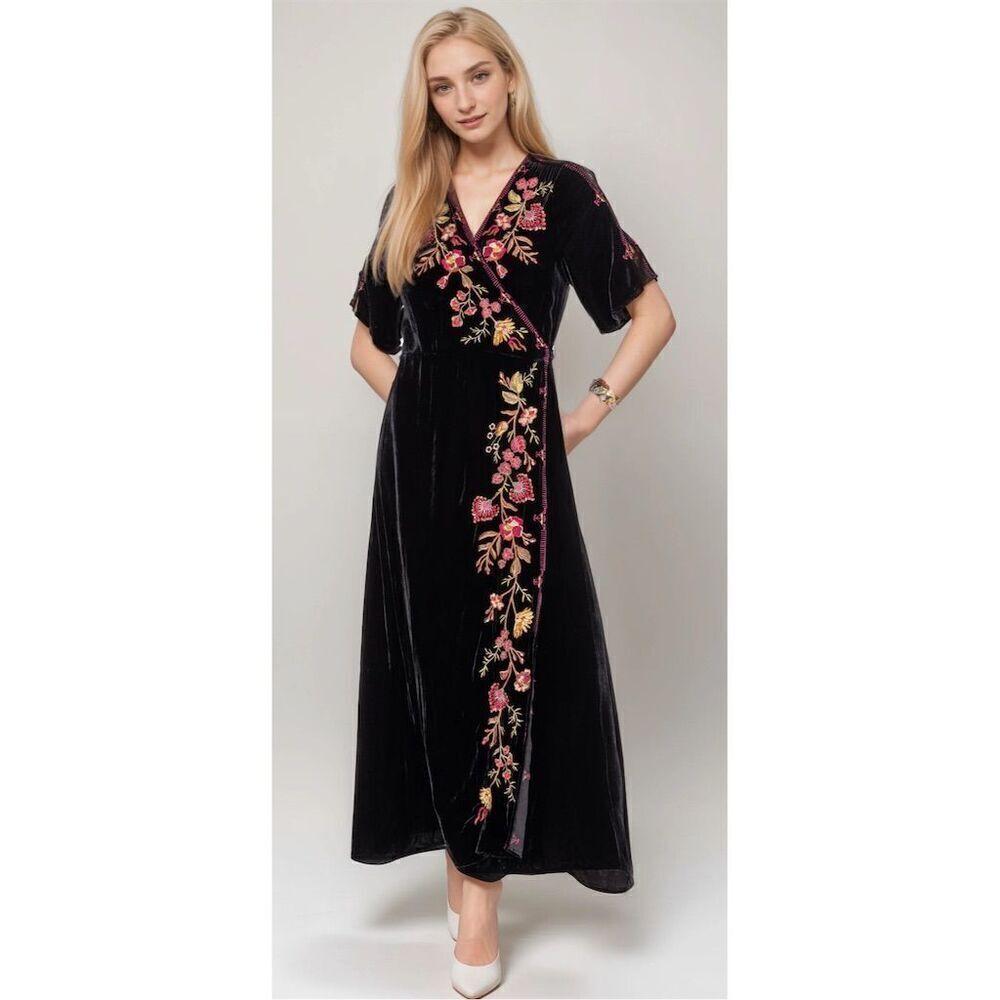 Johnny Was S Workshop Lilith Satin Floral Embroidered Wrap Dress Black Boho Chic - Picture 2 of 16
